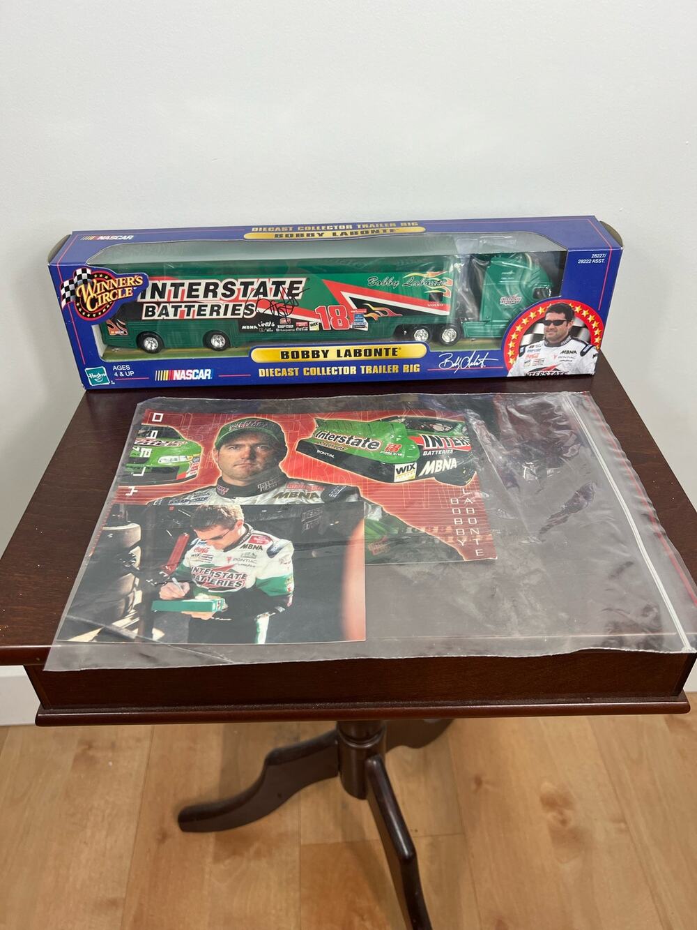 New Signed Bobby Labonte Diecast Collector Trailer Rig and picture / post card